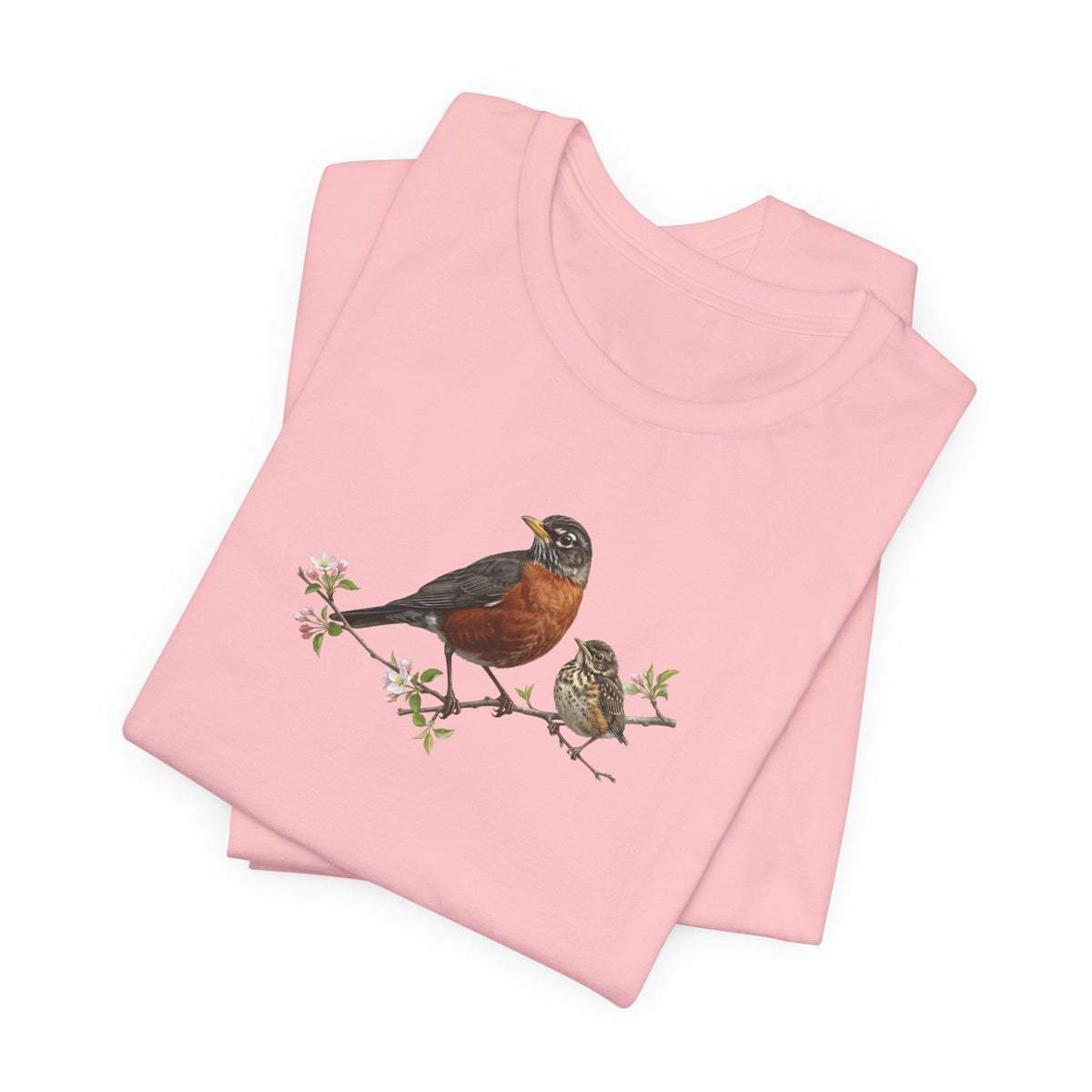 American Robin & Fledgling T-Shirt | Spring Blossoms Unisex Graphic Tee