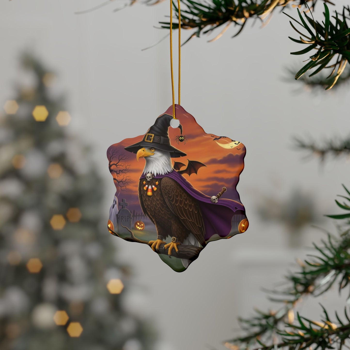 Bald Eagle Ceramic Bird Halloween Ornament | Double-Sided Spooky Decor