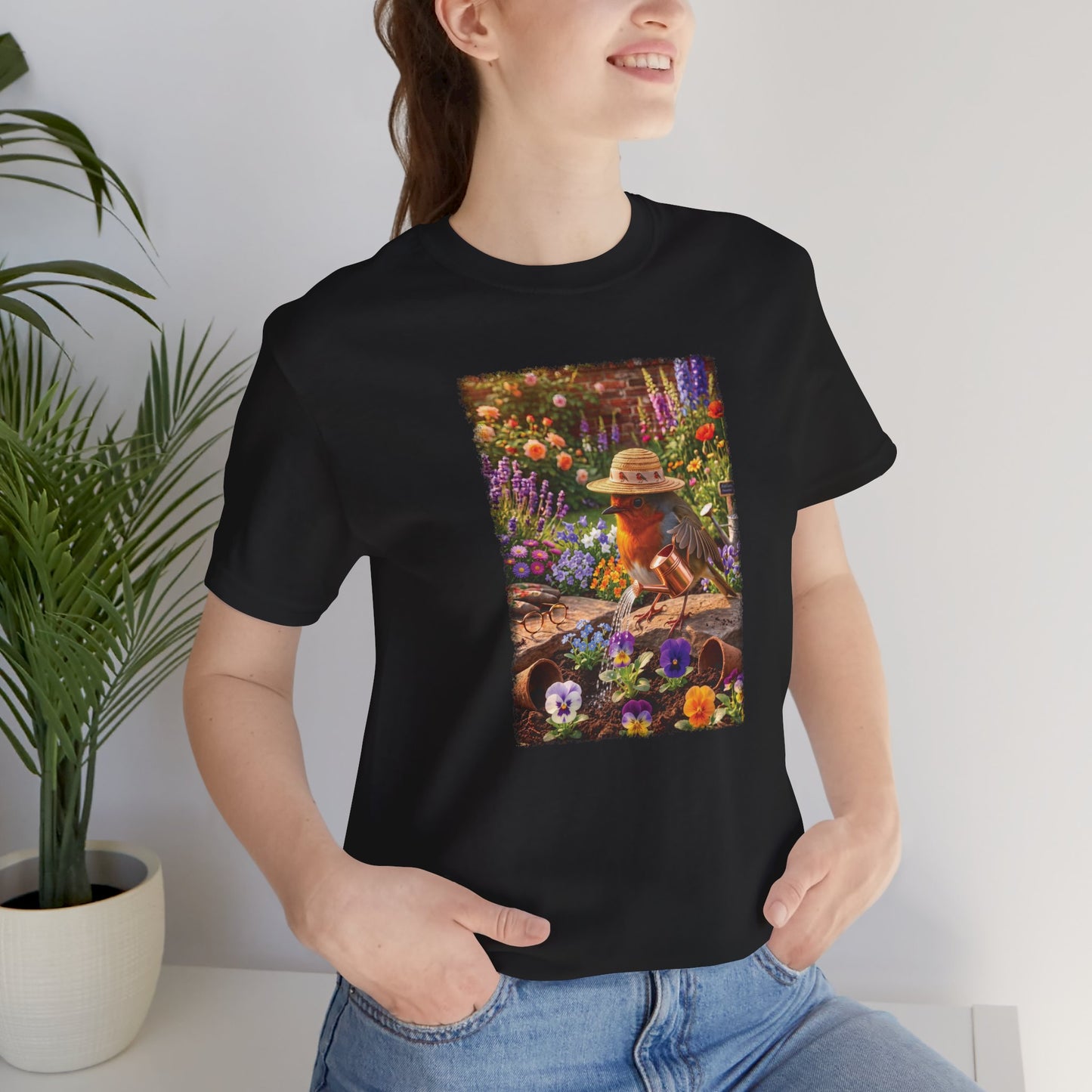 Robin Rosi Watering Flowers T-Shirt for Bird Lovers