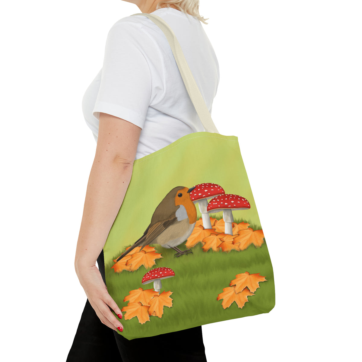 Robin in Fall Leafs Toadstool Bird Tote Bag 16"x16" - jz.birds