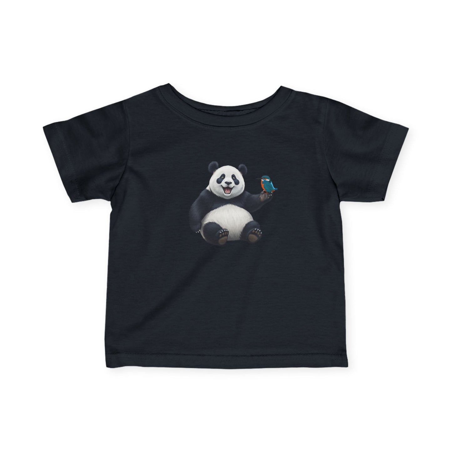 Fröhlicher Panda mit Eisvogel Vogel Tiermotiv T-Shirt für Babys und Kleinkinder
