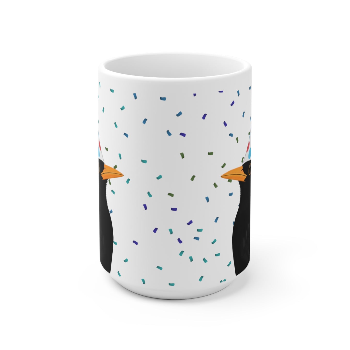 Amsel feiert Geburtstag mit Partyhut und Konfetti Vogel Tasse