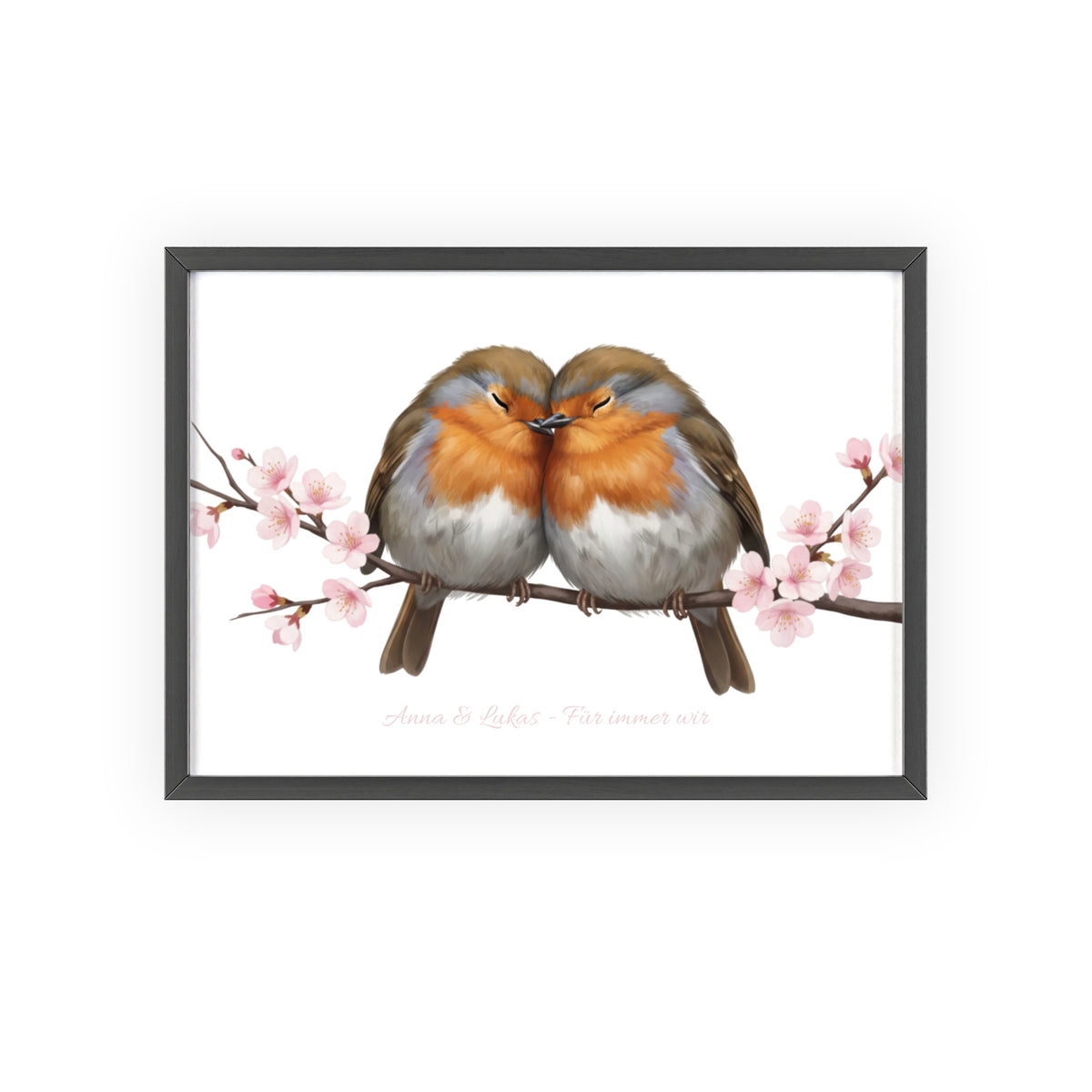 Tableau mural personnalisé avec cadre en bois – Couple de rouges-gorges avec prénoms au choix