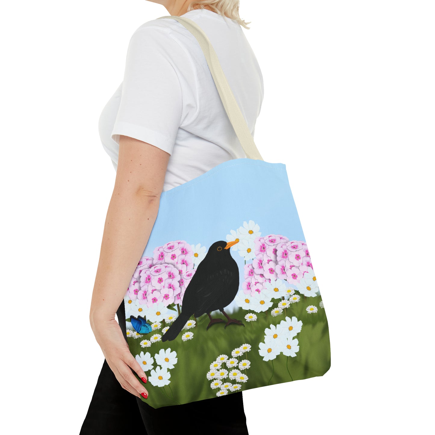 Blackbird in Summer Flowers Bird Tote Bag 16"x16" - jz.birds