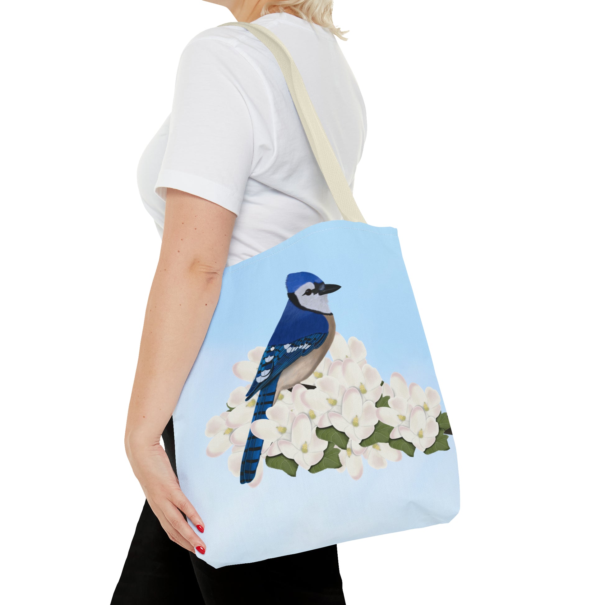 Blue Jay in Spring Blossoms Bird Tote Bag 16"x16" - jz.birds