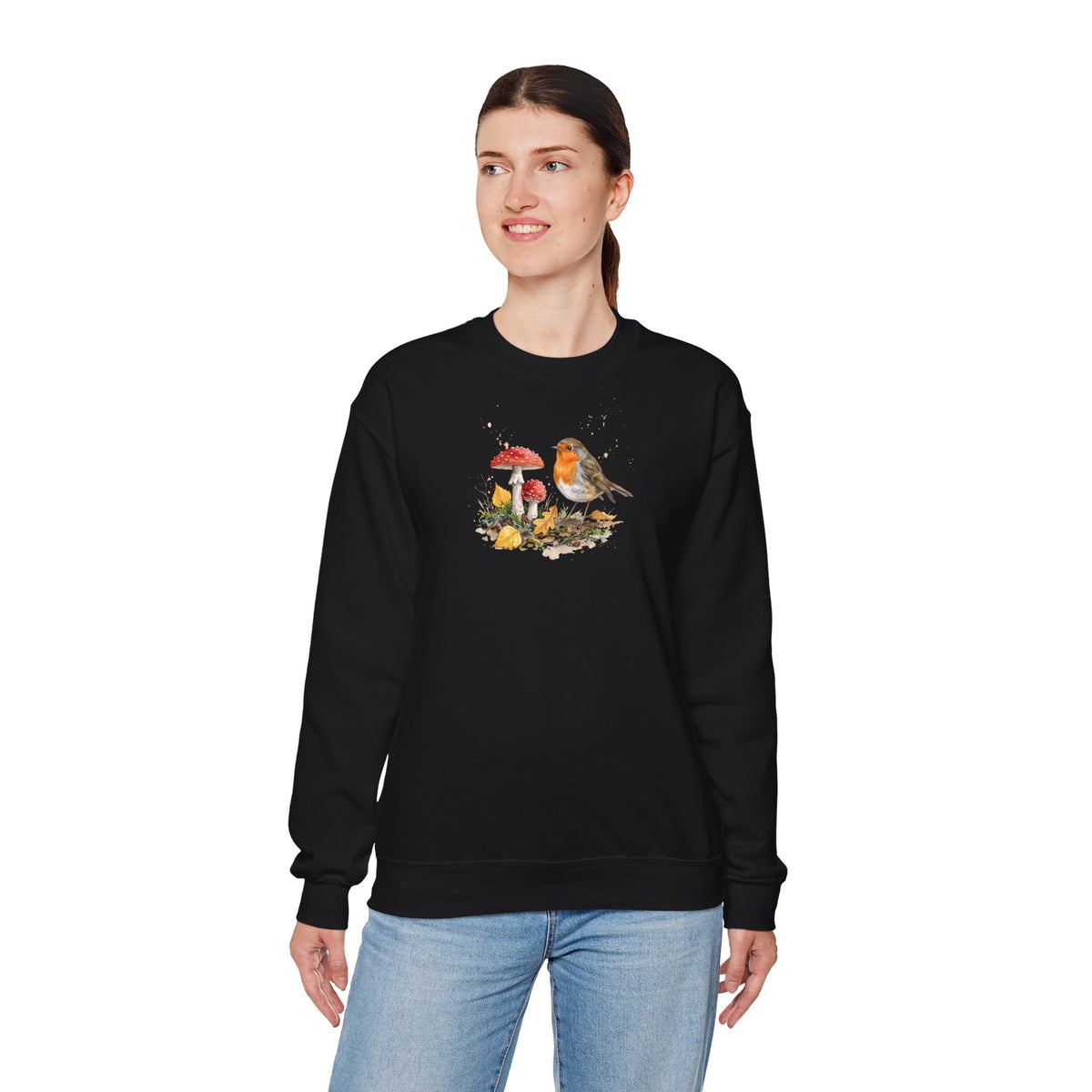 Rotkehlchen Herbst-Sweatshirt – Gemütlicher Pullover mit Herbstlaub & Fliegenpilzen