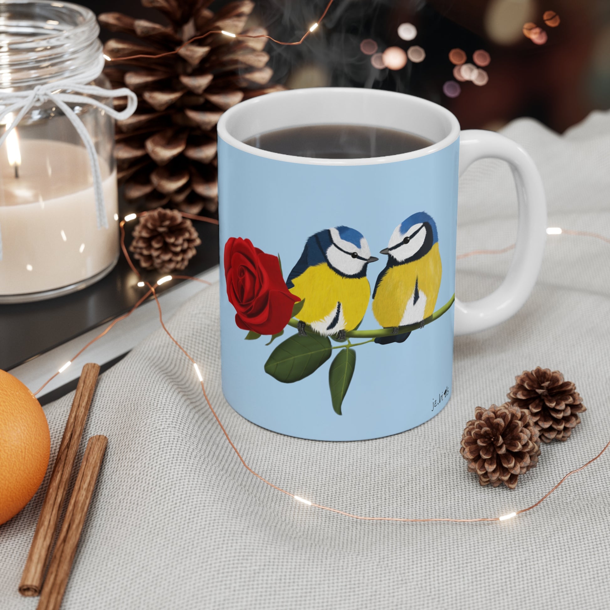 Blue Titmice on a Rose Valentine's Day Bird Ceramic Mug 11oz - jz.birds