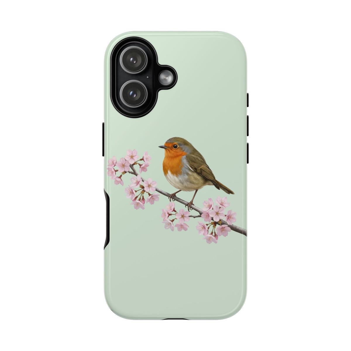 Coque de téléphone Robin vert sauge | Motif floral avec fleurs de cerisier et oiseau pour iPhone et Google Pixel