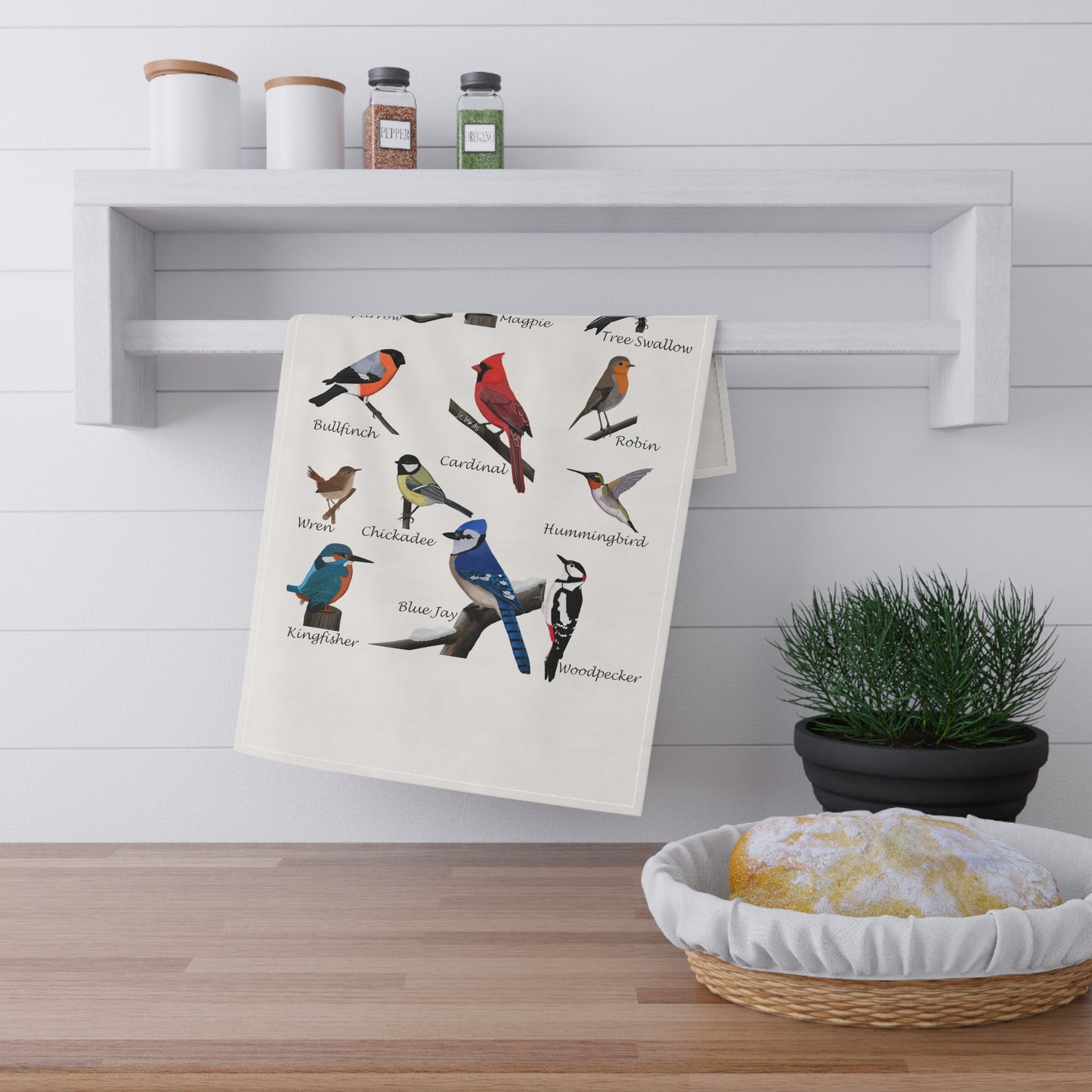 Backyard Birds Blue Jay Cardinal Hummingbird Bird Art Kitchen Towel White 18" × 30"