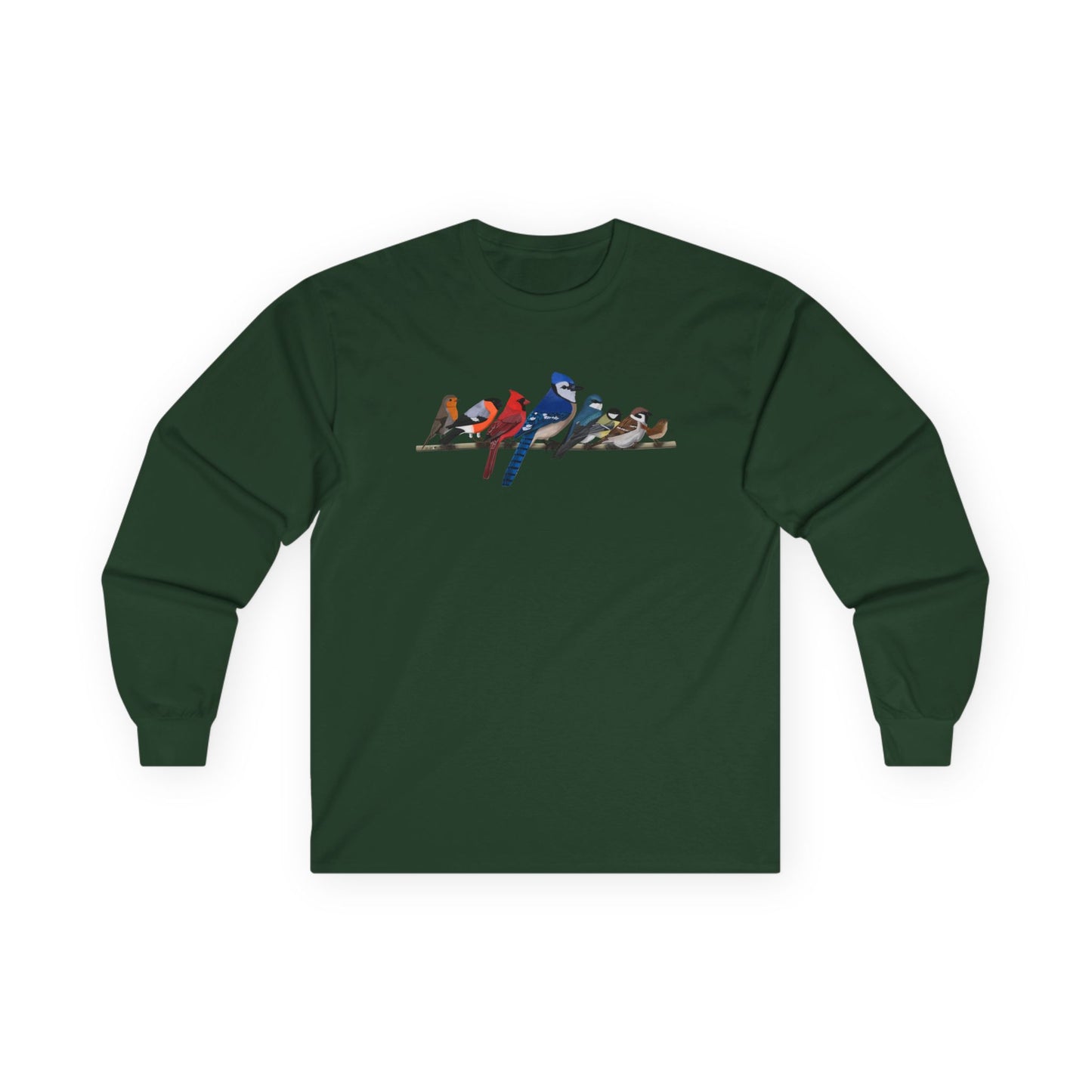 Blue Jay Cardinal Robin on a Branch Birdwatching Cotton Long Sleeve T-Shirt – Bird Graphic Tee, Long-sleeve