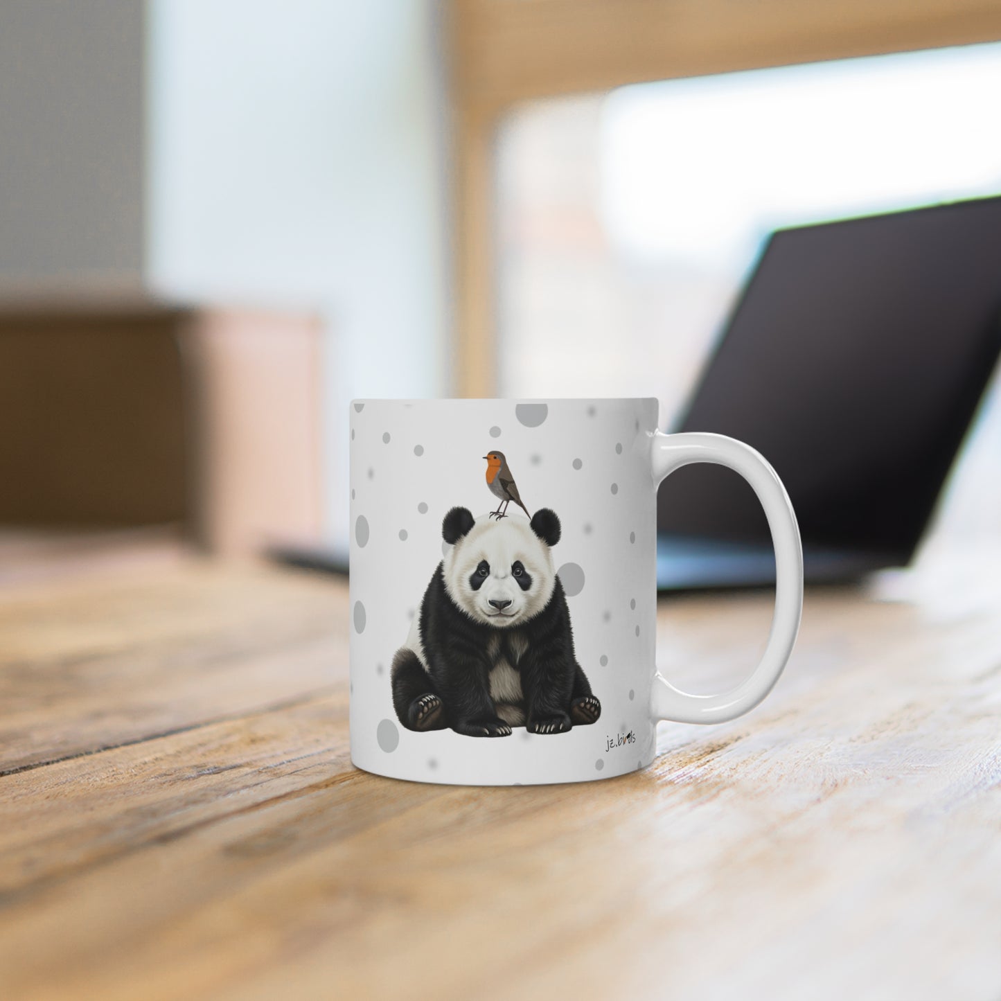 Rotkehlchen mit einem Panda Vogel Tiermotiv Tasse Punkte Grau