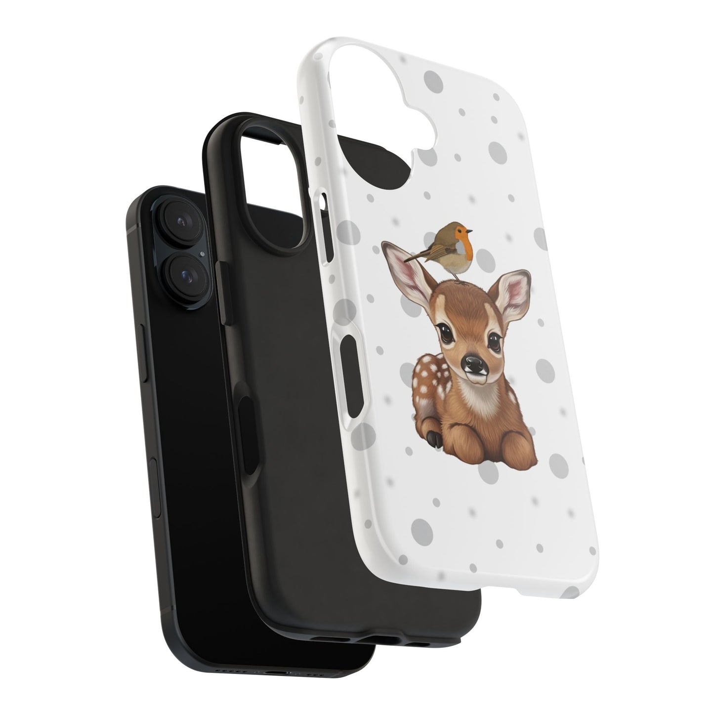 Cute Fawn with European Robin Animal iPhone Case - Dual-Layer PC/TPU Protective Cover for iPhone