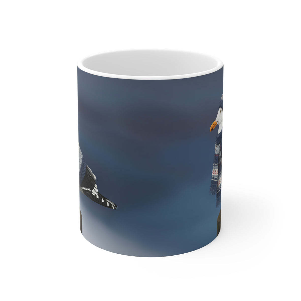Möwe Tasse – mit Strickpullover Weihnachtliche Vogelmotiv – Ideal für Kakao & Kaffee