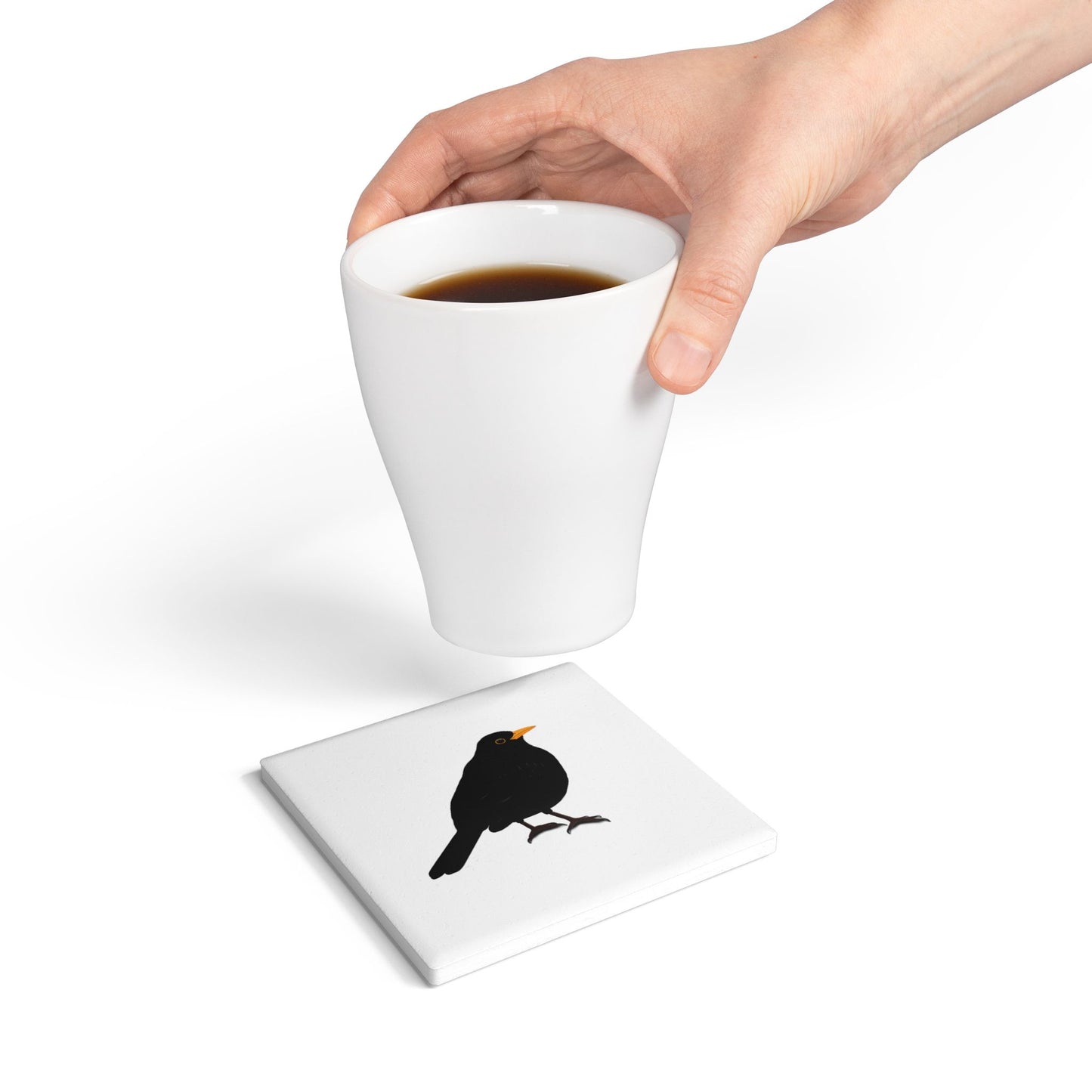 Amsel Keramik-Untersetzer Vogelmotiv Weiß
