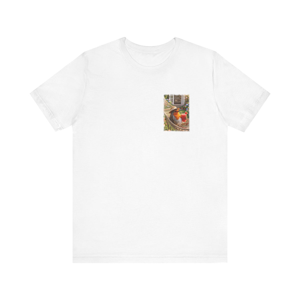Rosi Rotkehlchen T-Shirt in der Hängematte für Vogelbeobachter und Gartenfreunde