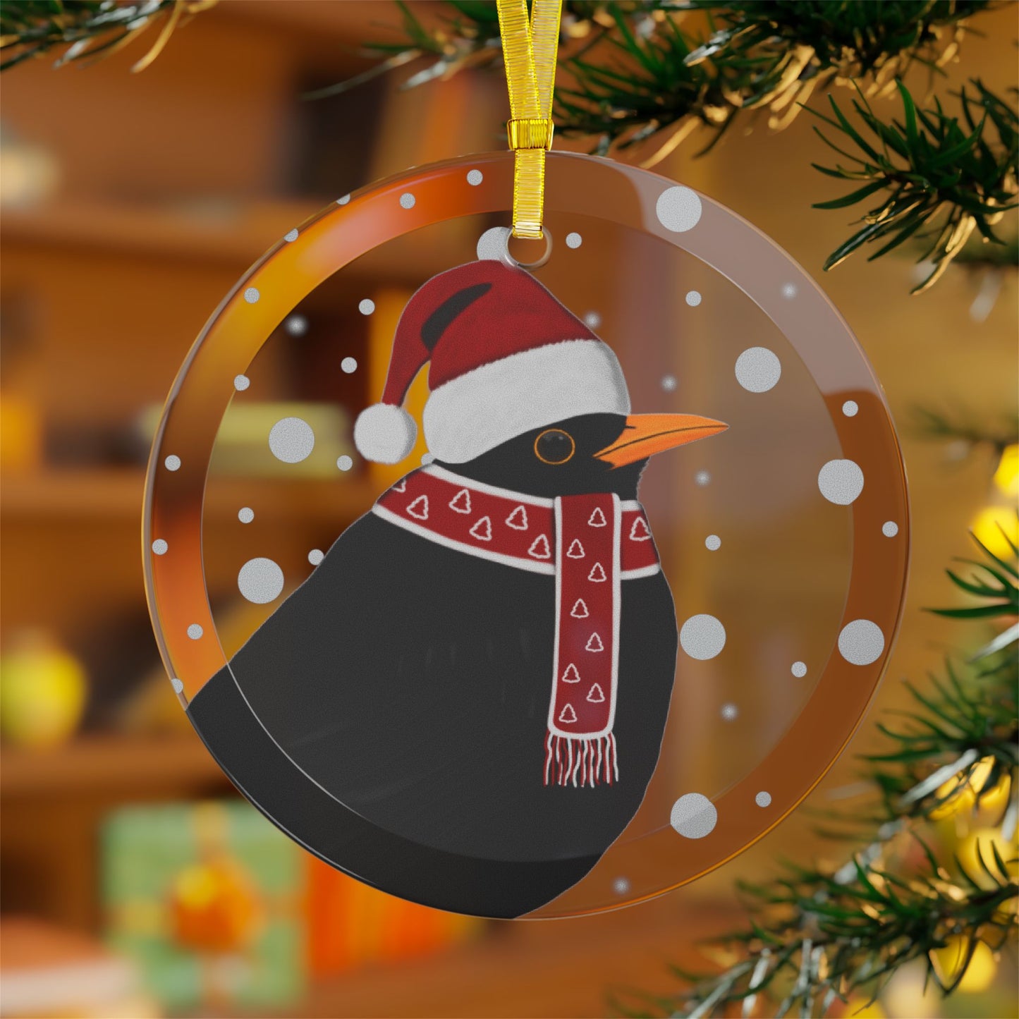 Blackbird as Santa Claus Christmas Bird Glass Ornament Transparent Ornaments –