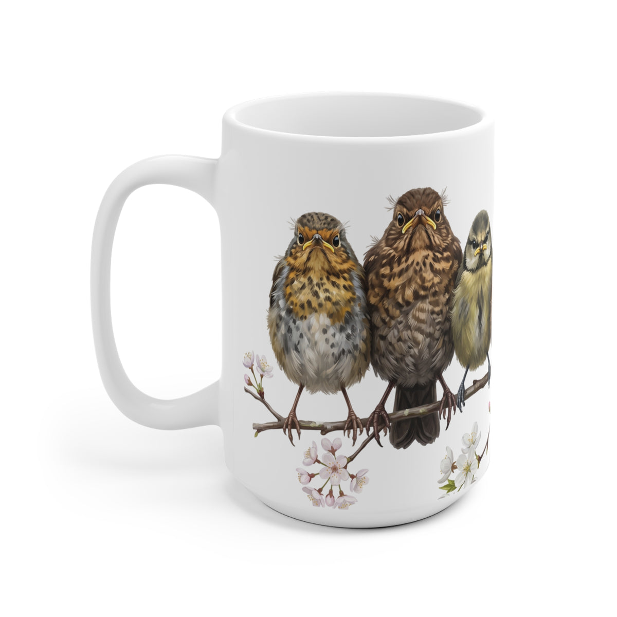 Amsel Rotkehlchen Eule Ästlinge Premium Keramiktasse Weiß | Geschenk für Vogelbeobachter