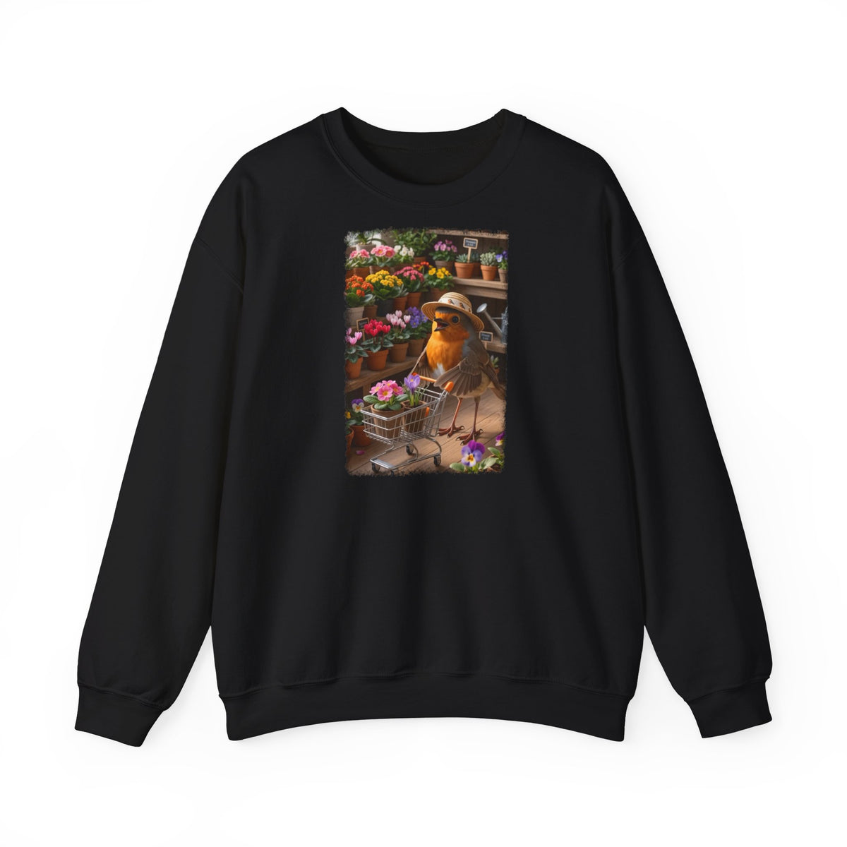 Lustiges Rotkehlchen Sweatshirt mit Blumen-Einkaufswagen | Süßer Vogel Pullover für Pflanzenliebhaber