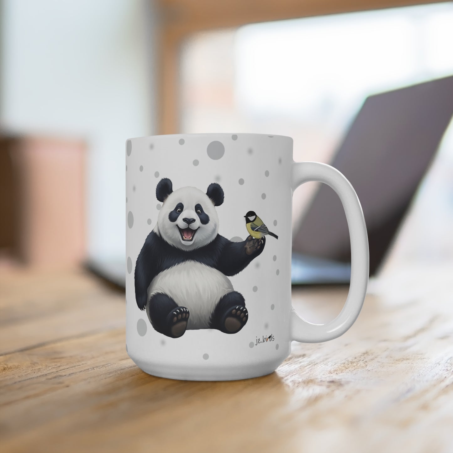 Kohlmeise mit einem fröhlichen Panda Vogel Tiermotiv Tasse Punkte Grau