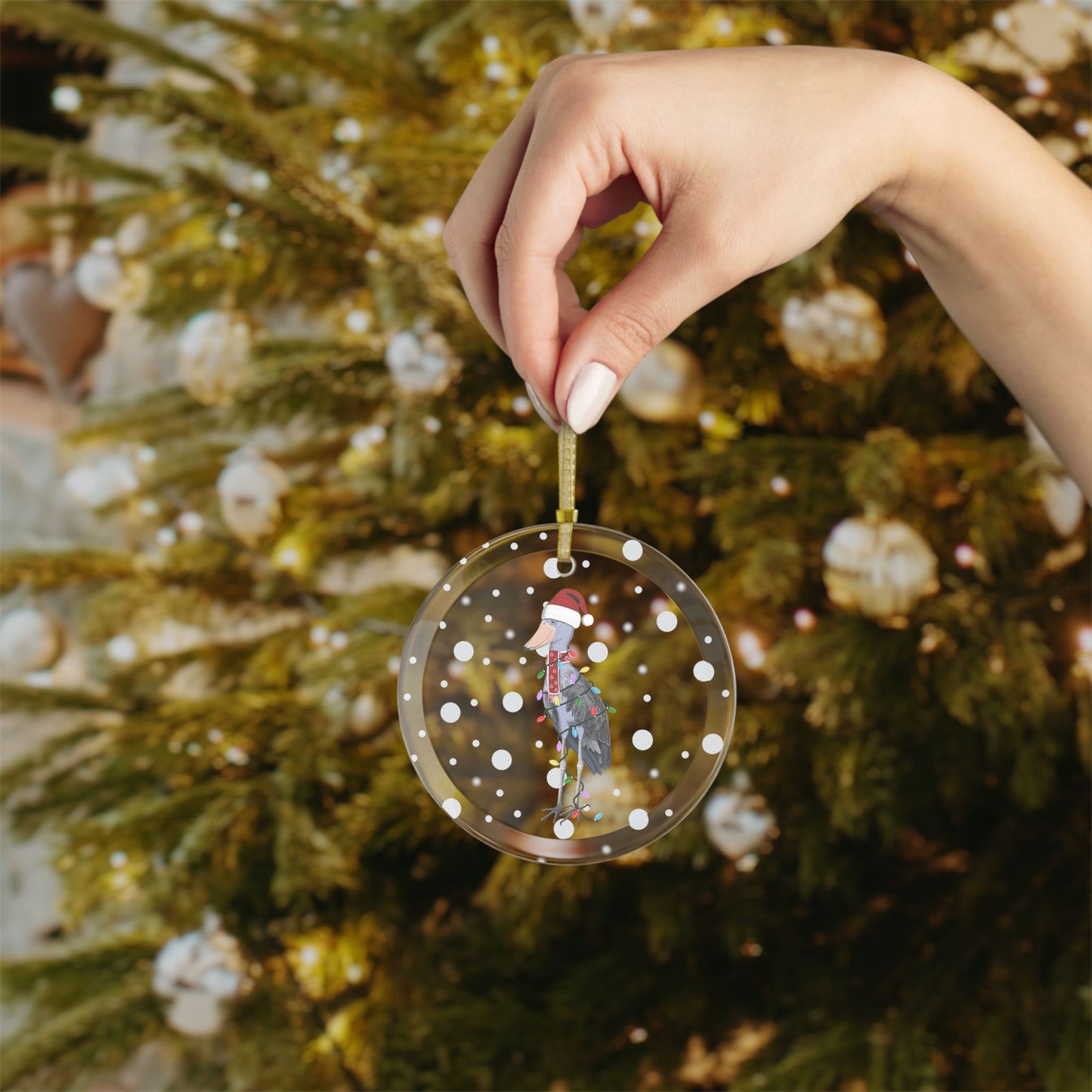 Shoebill as Santa Claus with Fairy Lights Christmas Glass Ornament