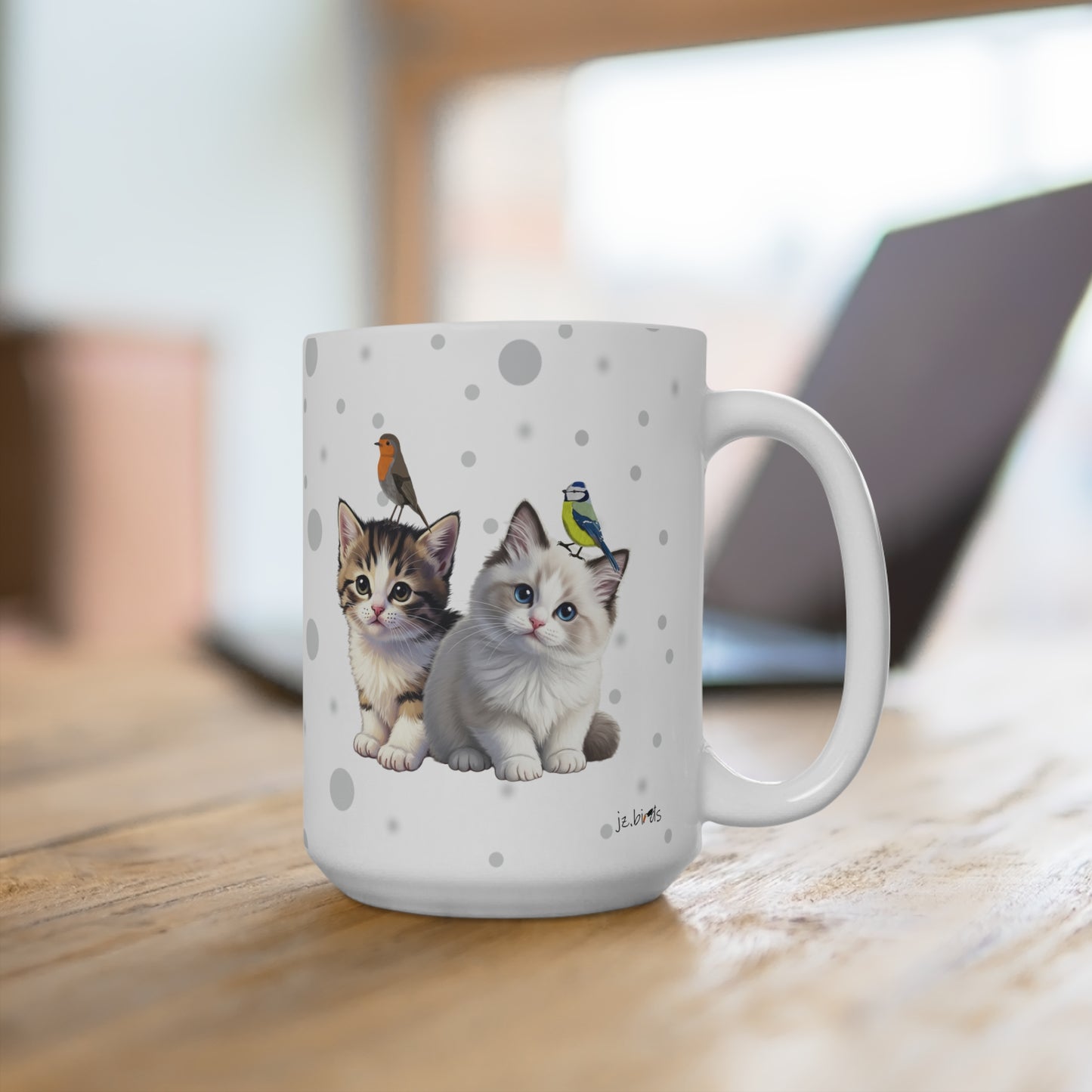 Katzenbabys Kätzchen Tasse mit Rotkehlchen und Blaumeise Tiermotiv Punkte Grau