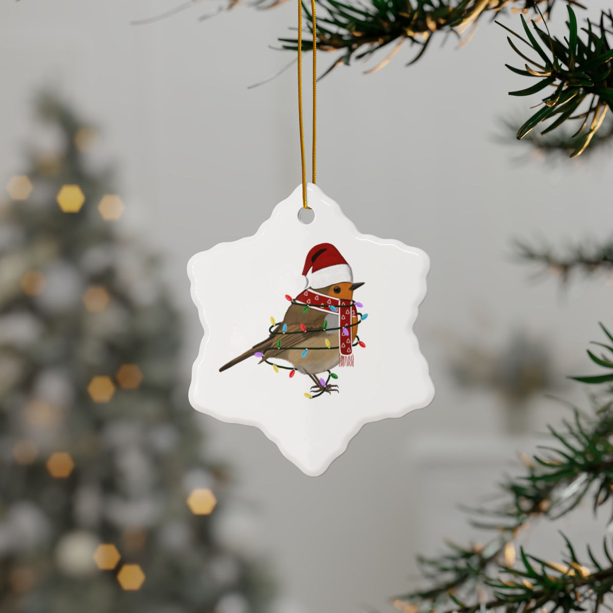 サンタクロースのヨーロッパコマドリの陶器製クリスマスオーナメント | 丈夫な両面鳥愛好家向け装飾