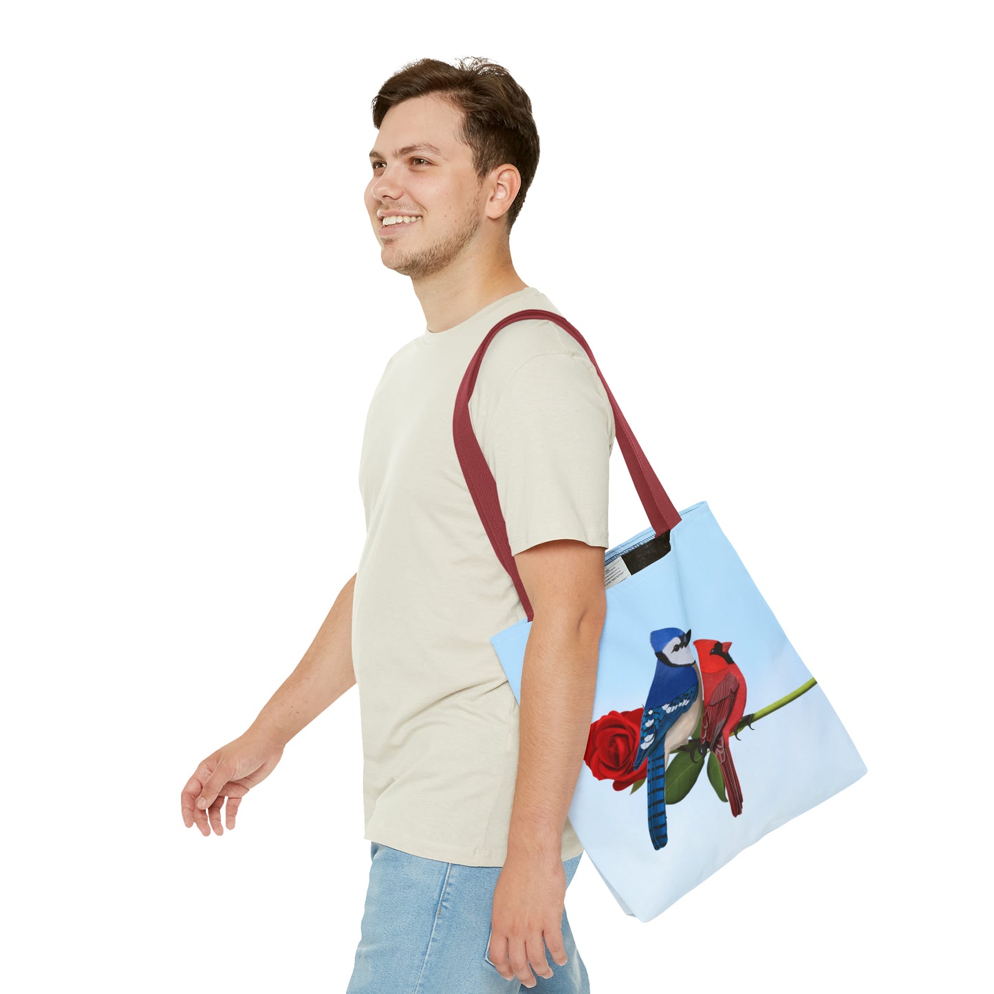 Blue Jay and Cardinal on a Rose Valentine's Day Bird Tote Bag 16"x16" - jz.birds