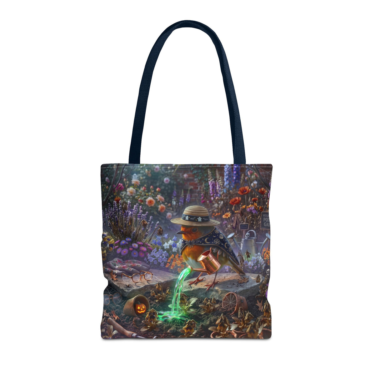 A tote bag with dark navy blue handles, featuring a detailed fantasy illustration of a robin bird wearing a hat and pouring glowing green liquid from a lantern in a colorful, mystical garden setting.
