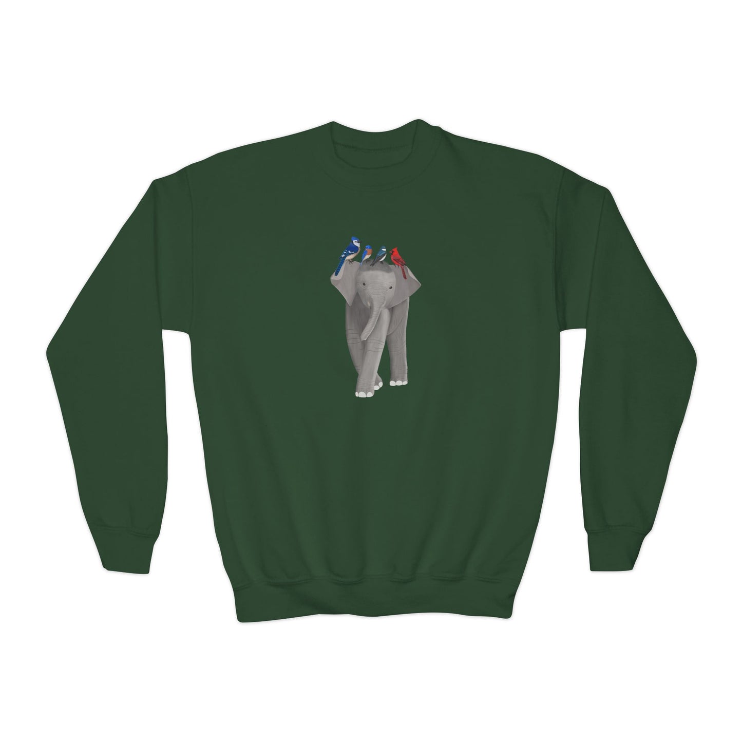 Elephant with Blue Jay Cardinal Bluebird Tree Swallow Bird Youth Crewneck Sweatshirt – Casual Kids Clothing, Sweatshirts