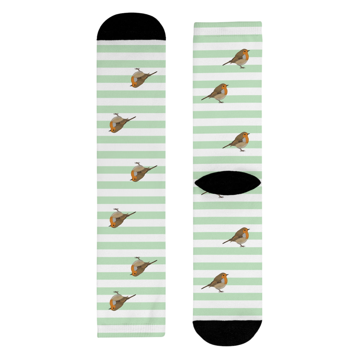 Rotkehlchen Socken – mit Streifen in Salbeigrün Weiß – Geschenk für Vogelliebhaber & Ornithologen
