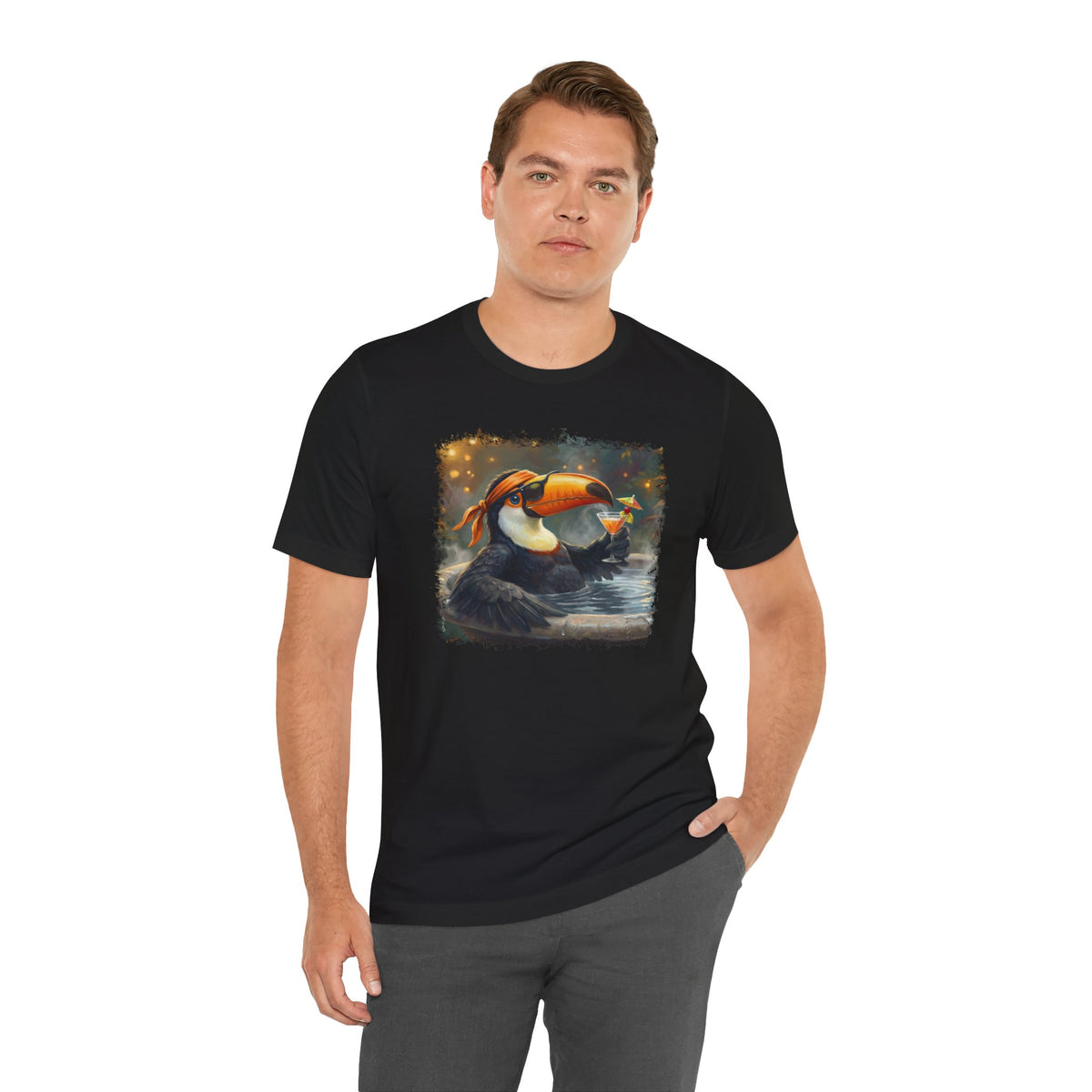 Funny Toucan T-Shirt | Bird with Sunglasses & Drink | Unisex Summer Tee