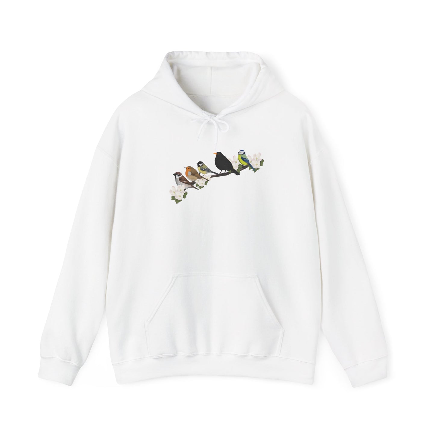 Vögel auf einem Ast Hoodie - Amsel Rotkehlchen Kohlmeise Spatz Kapuzenpullover für Vogelbeobachter & Naturliebhaber