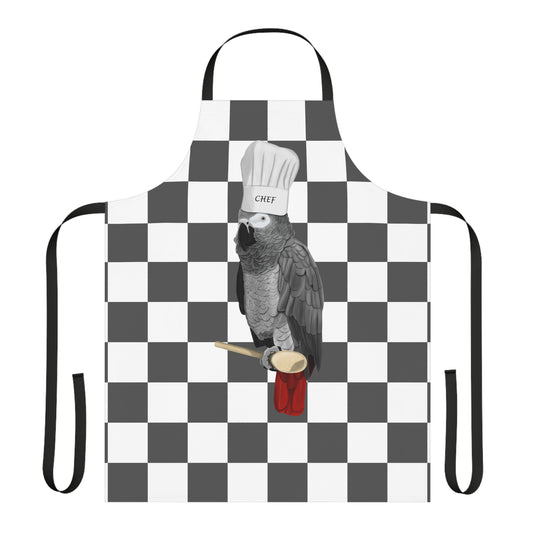Grey Parrot Kitchen Chef Bird Art Apron Grey and White Checkered