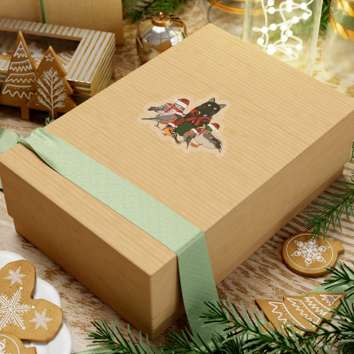 Robin Oriole Mallard Owl and Cat with Fairy Lights Santa Claus Hat and Scarf Christmas Bird Sticker