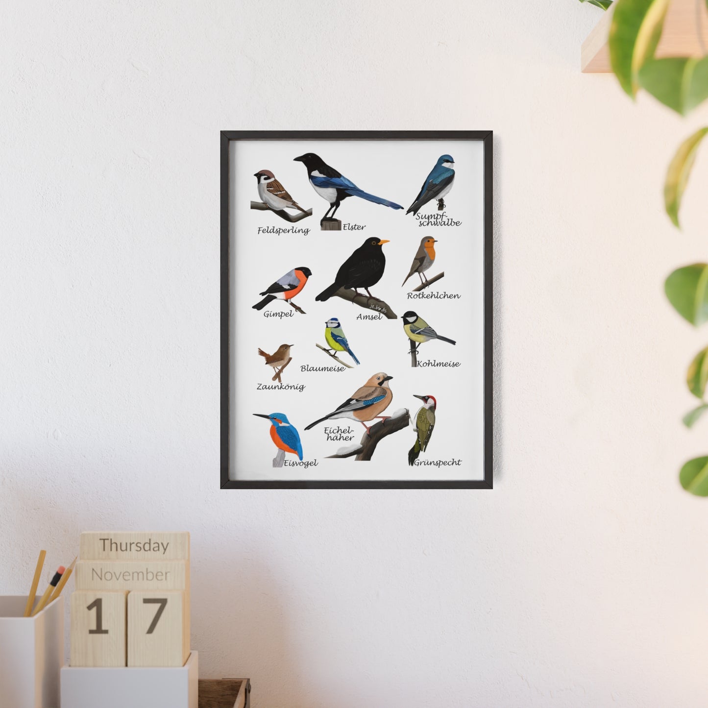 Vogel Poster im Holzrahmen - Gartenvögel Amsel Rotkehlchen Blaumeise