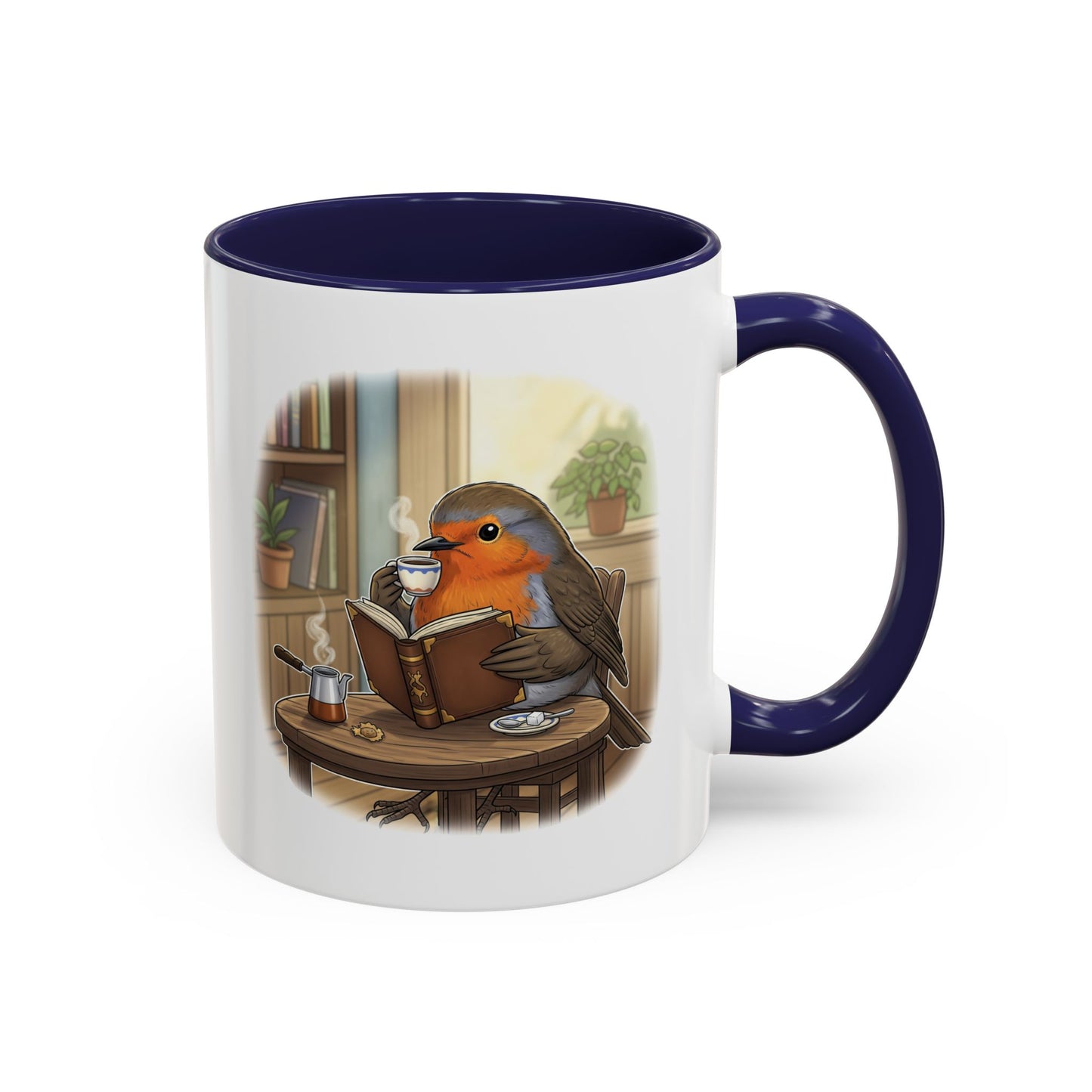Robin Reads Books and Drinks Coffee Bird Mug for Bird and Book Lovers