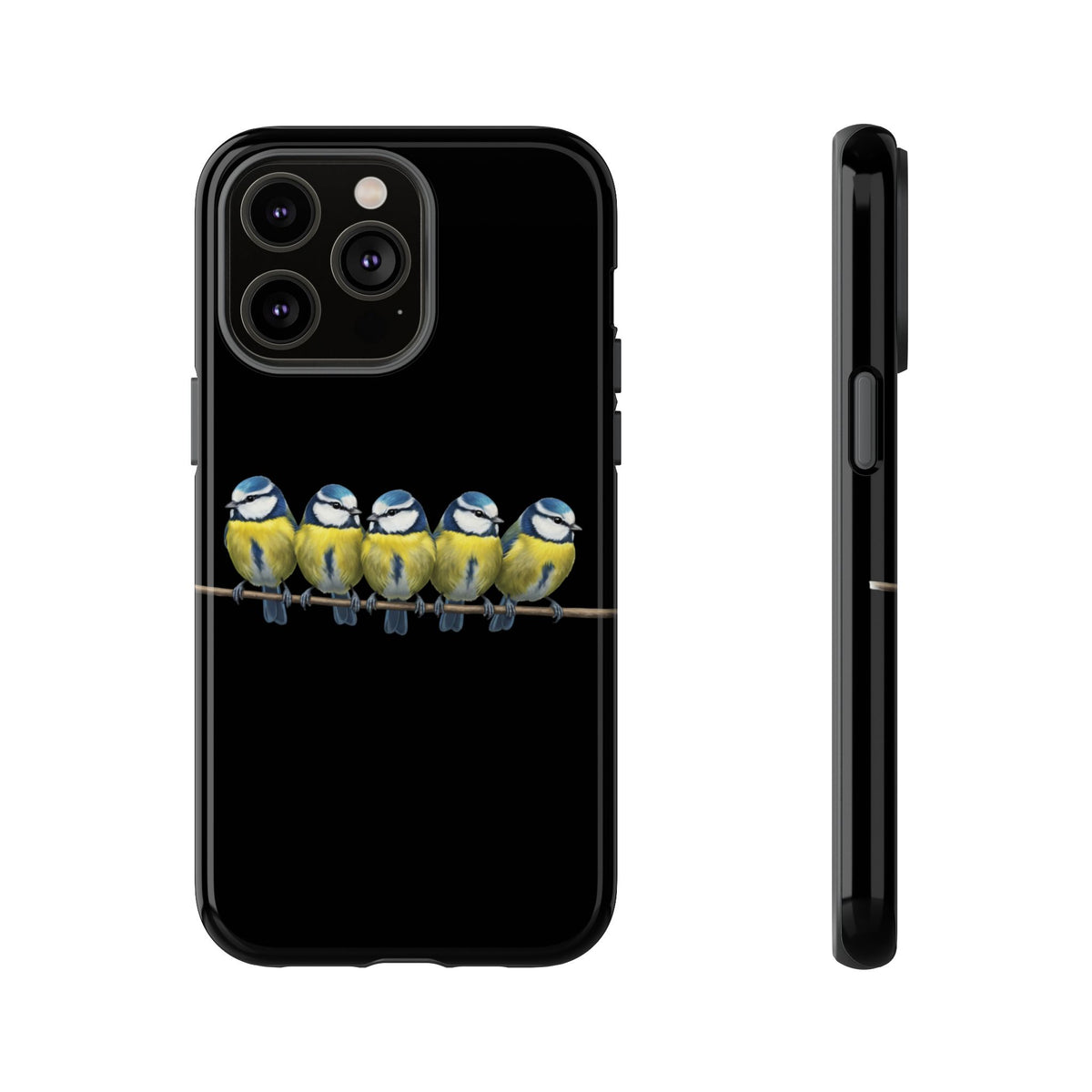 Funda premium para móvil de carbonero azul en una rama – Doble protección e impresión integral, negra