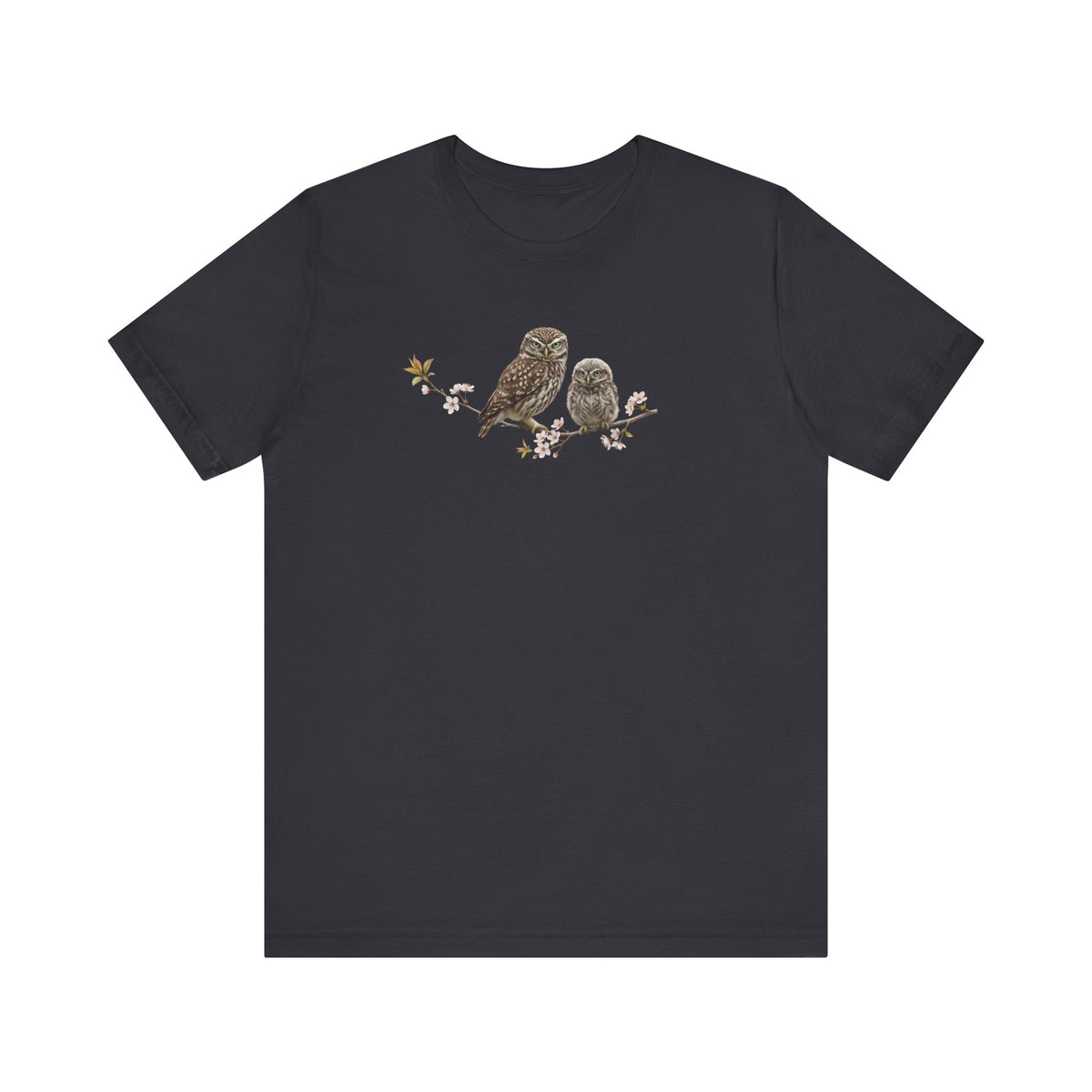 Eule Steinkauz & Jungvogel T-Shirt | Frühlingsblüten Vogelmotiv für Vogelbeobachter