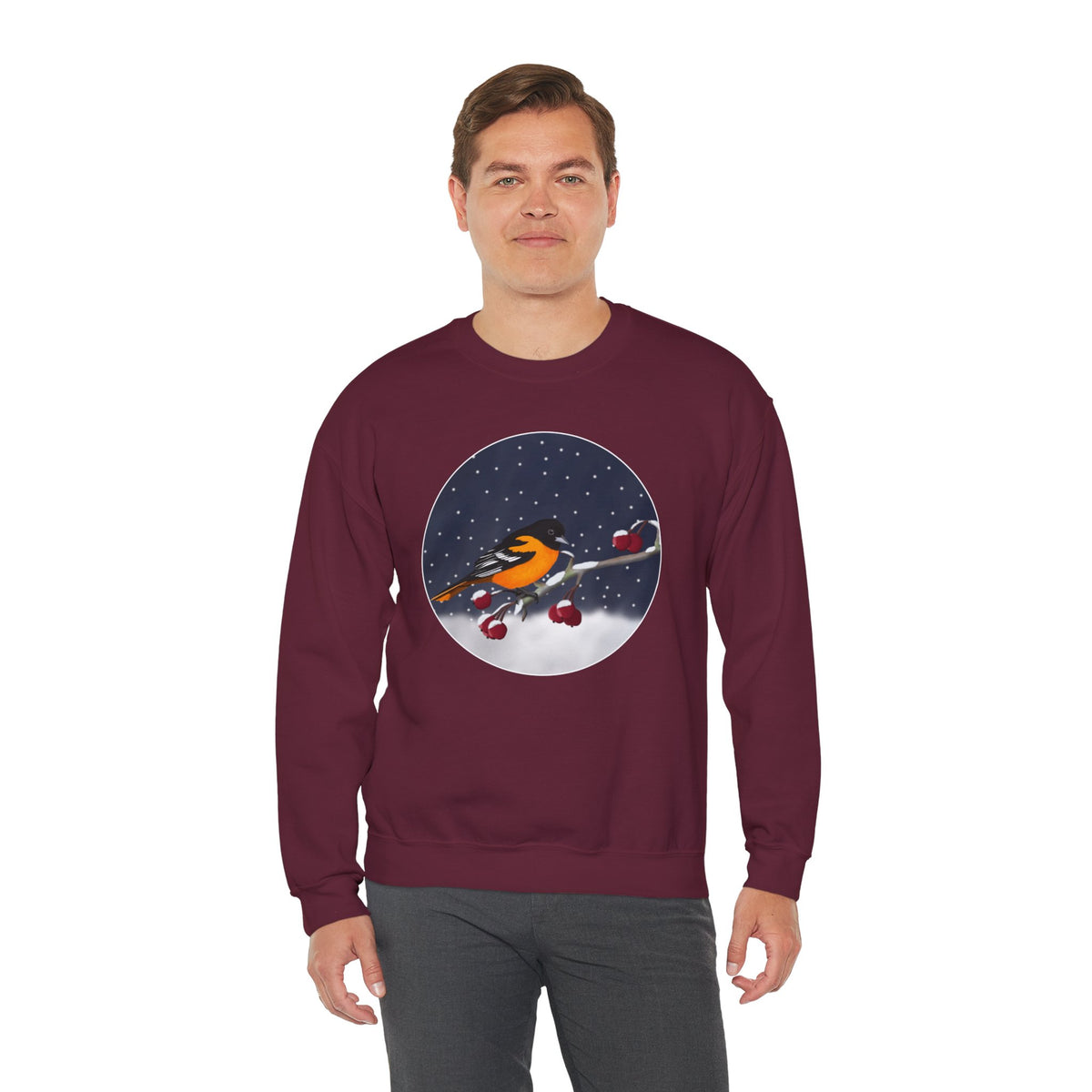 Baltimore Oriole on a Winter Branch Birdwatcher Christmas Bird Sweatshirt