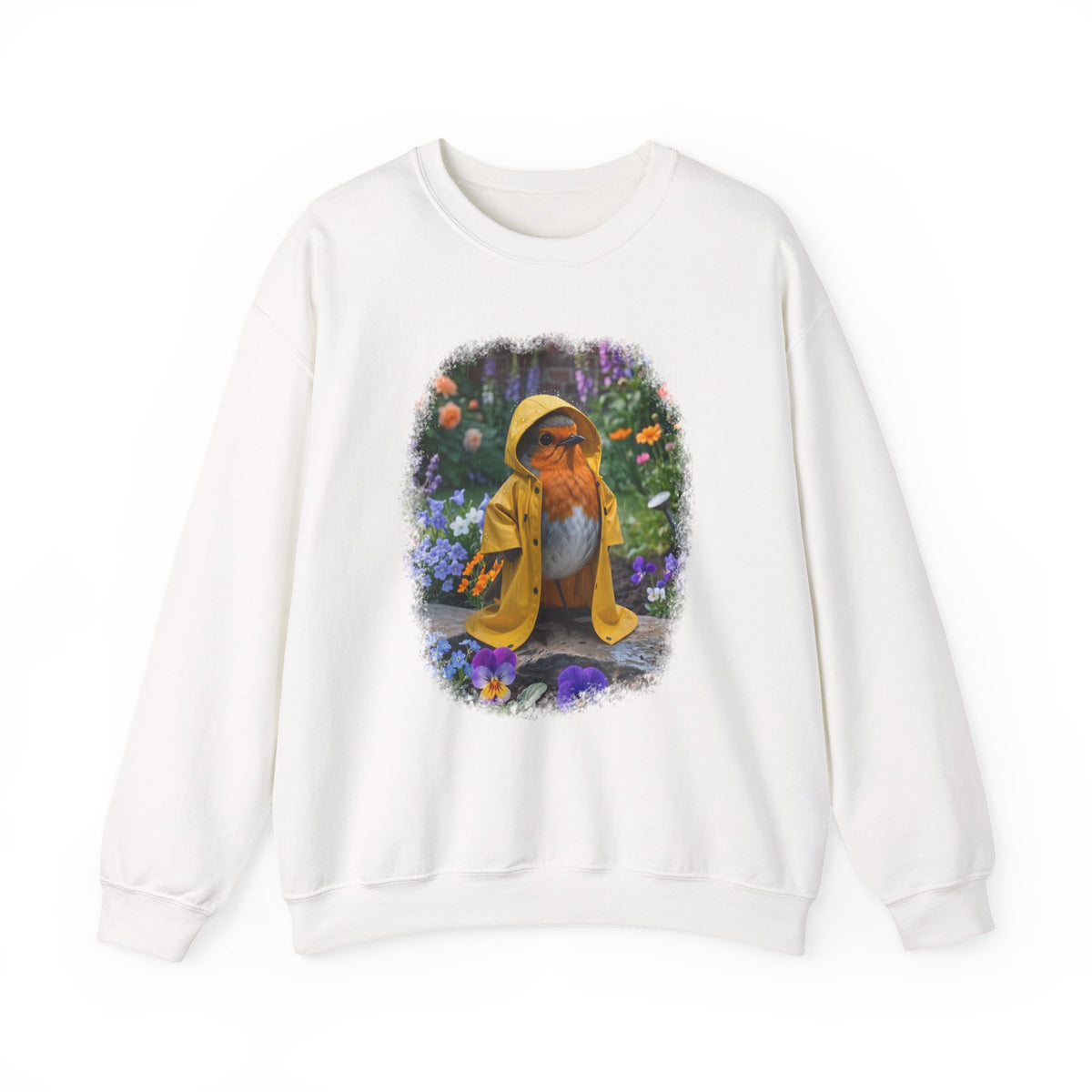 Robin Rosi Yellow Raincoat Garden Premium Sweatshirt for Bird Lovers