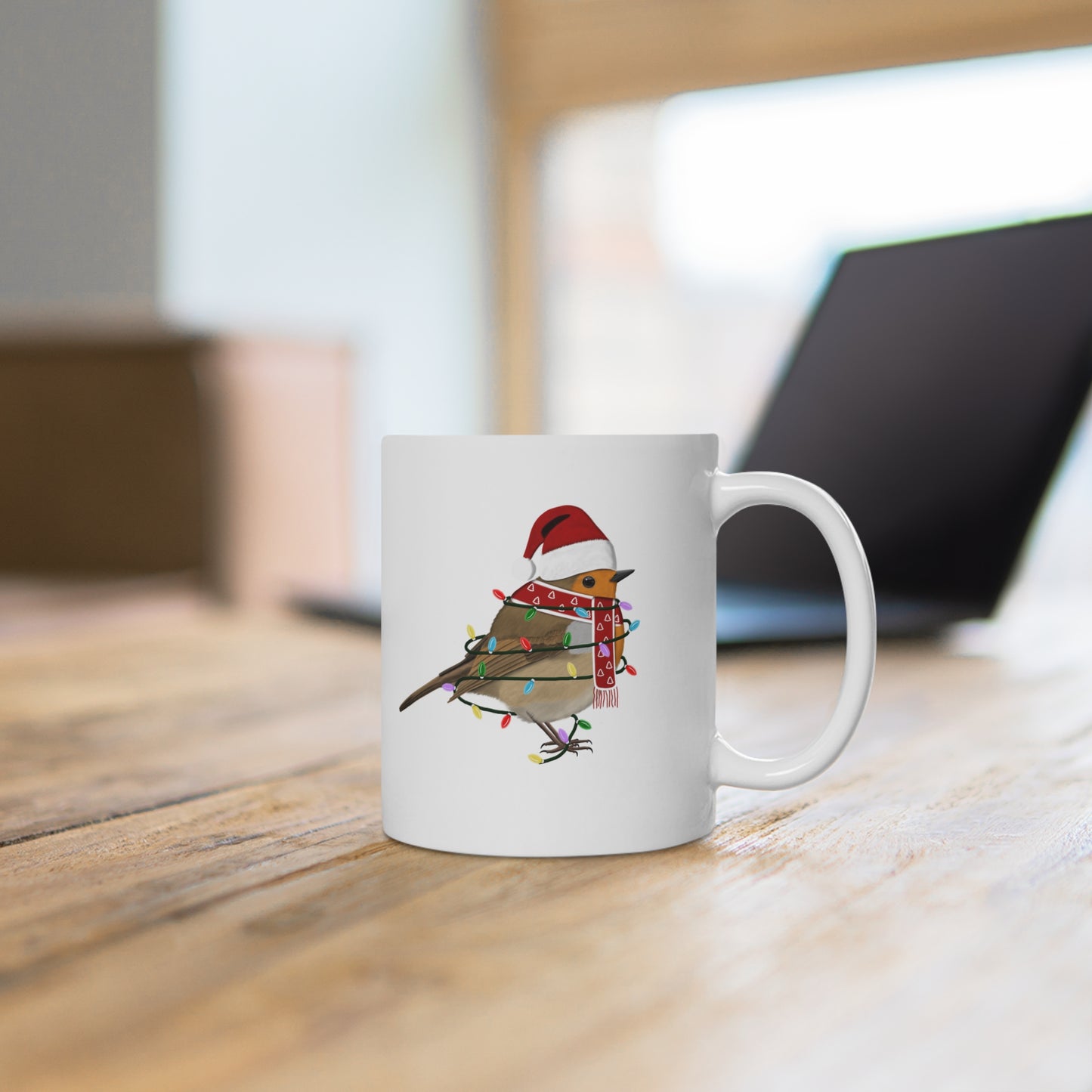 Rotkehlchen Tasse Vogel als Weihnachtsmann mit Lichterkette Weiß für Vogelfreunde
