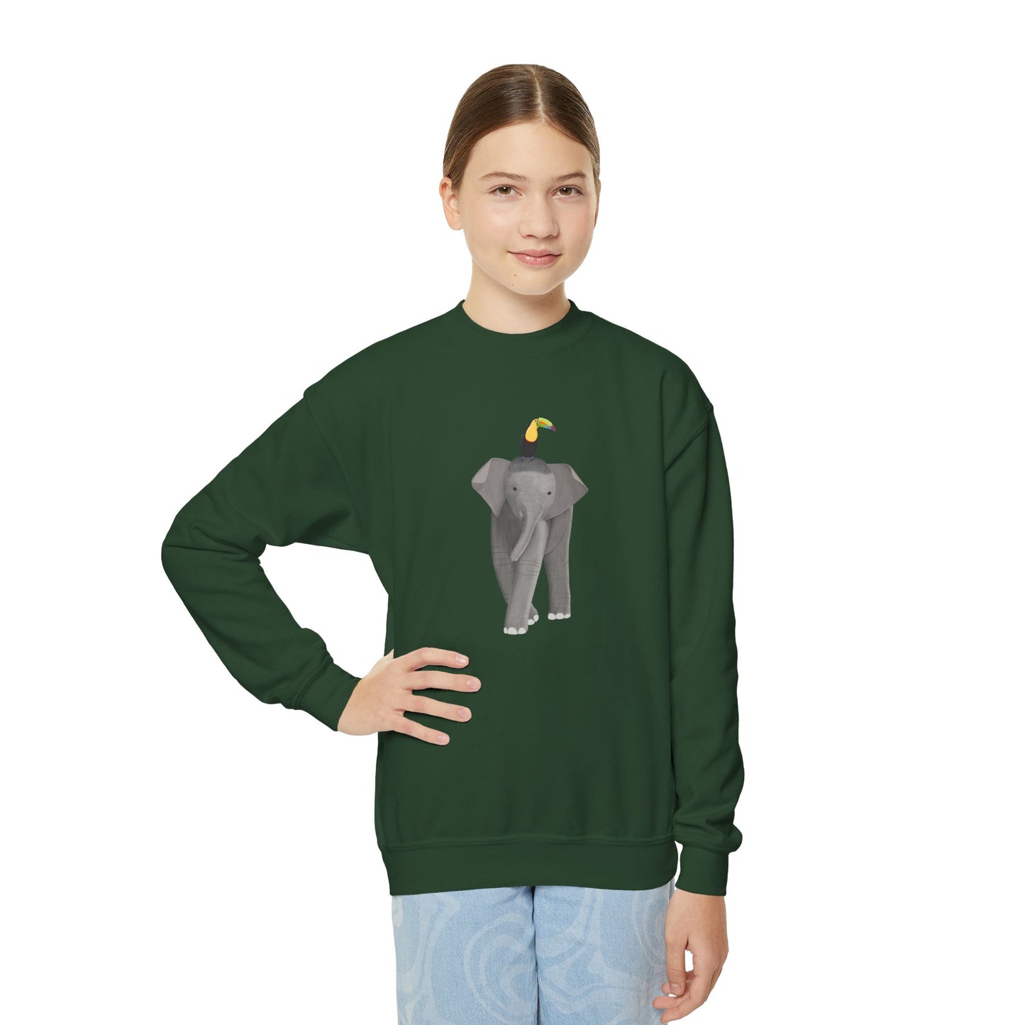 Elephant with Keel Billed Toucan Bird Youth Crewneck Sweatshirt