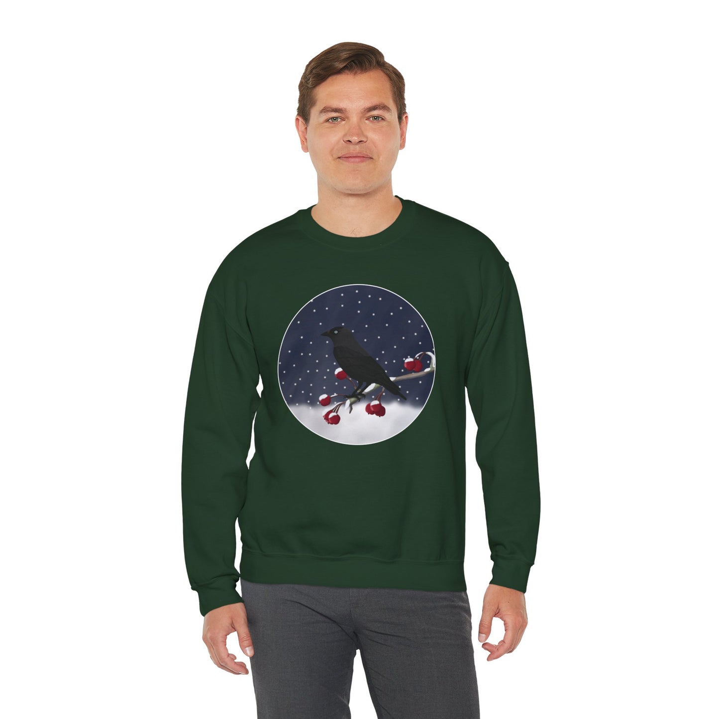 Western Jackdaw on a Winter Branch Birdwatcher Christmas Bird Sweatshirt