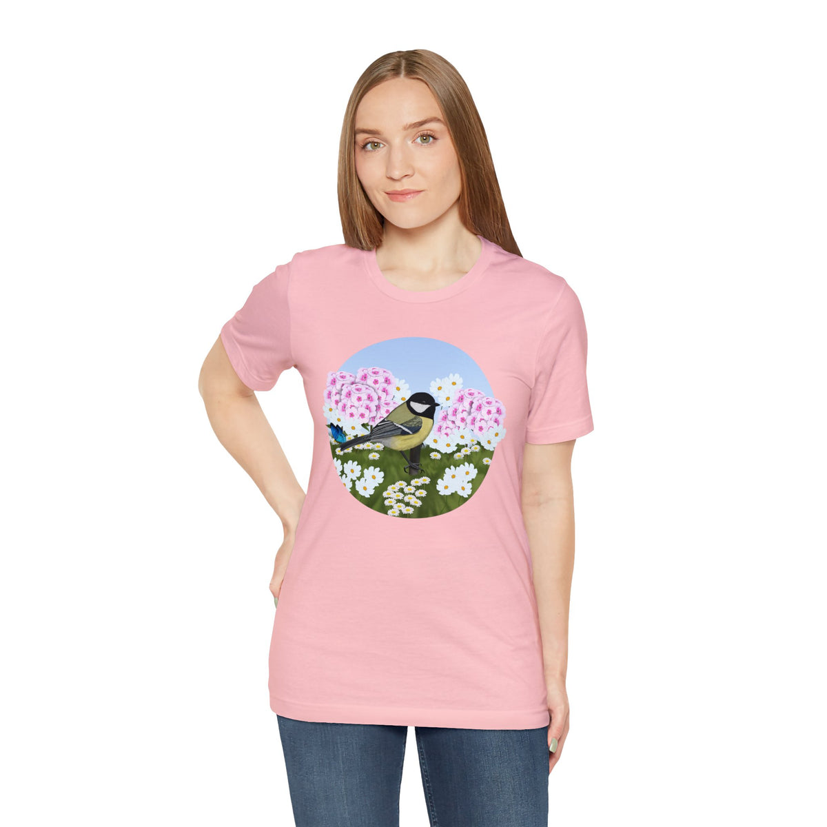 Chickadee and Summer Flowers Bird Tee