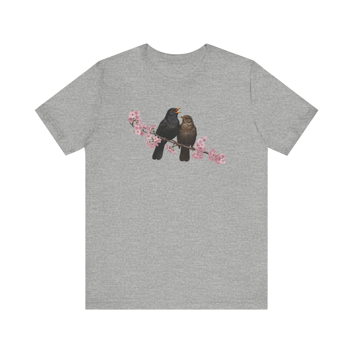 Gray t-shirt with birds and cherry blossoms design on a white background
