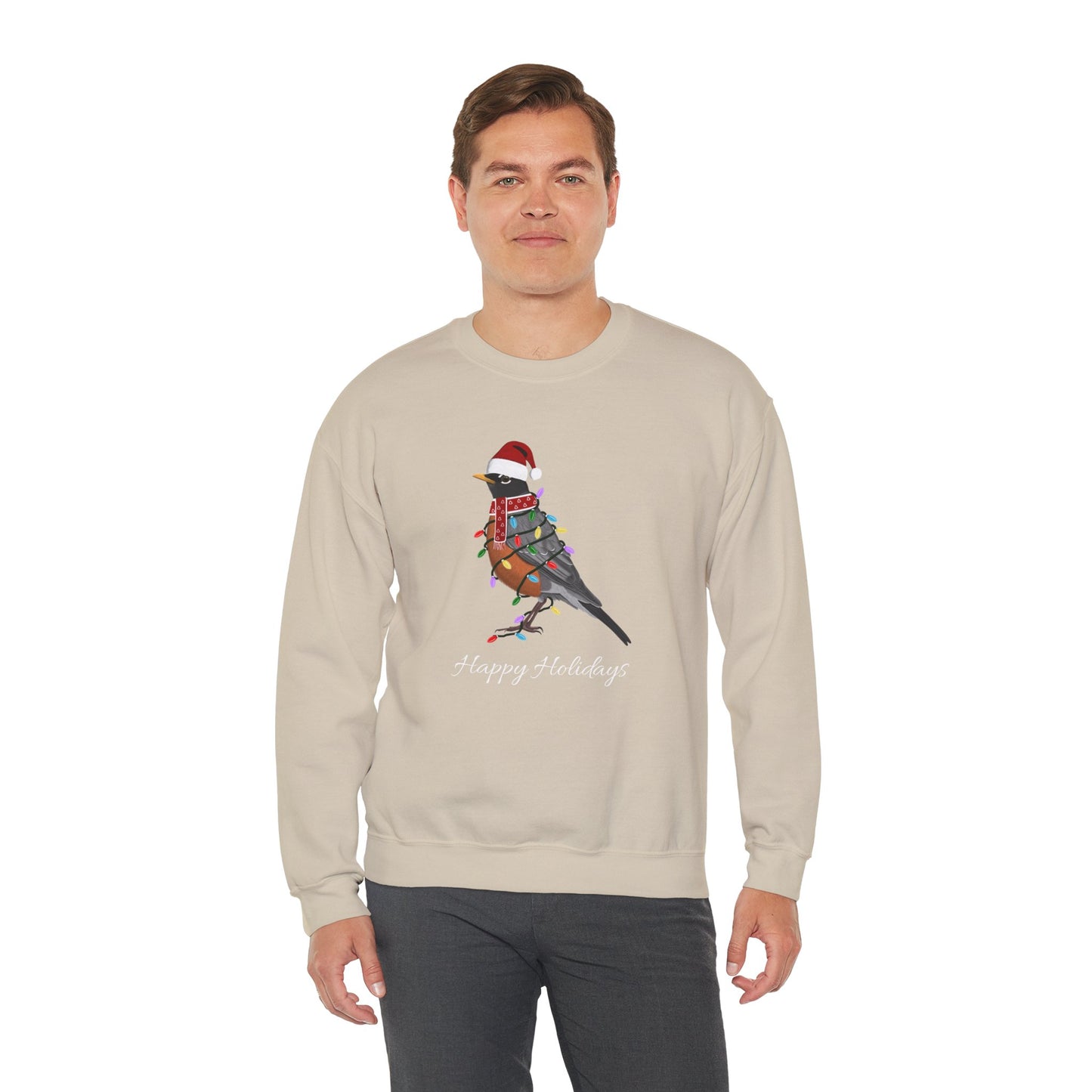 Robin with Fairy Lights as Santa Happy Holidays Birdwatcher Christmas Bird Sweatshirt