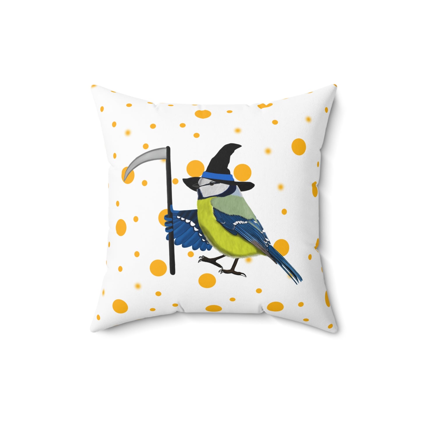 Blue Titmouse Halloween Bird Throw Pillow White 16"x16" Orange Dots – All Over Print, AOP