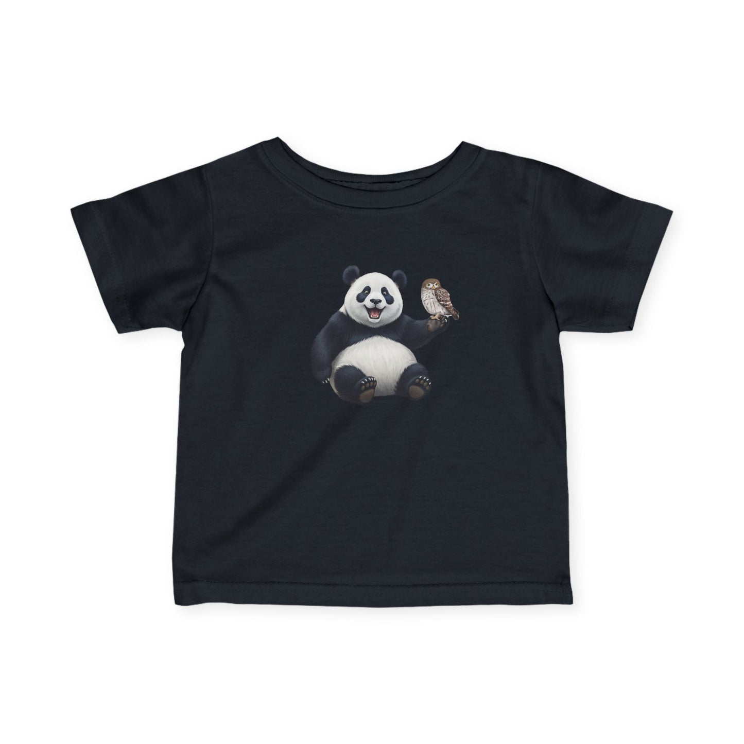 Fröhlicher Panda mit Eule Vogel Tiermotiv T-Shirt für Babys und Kleinkinder