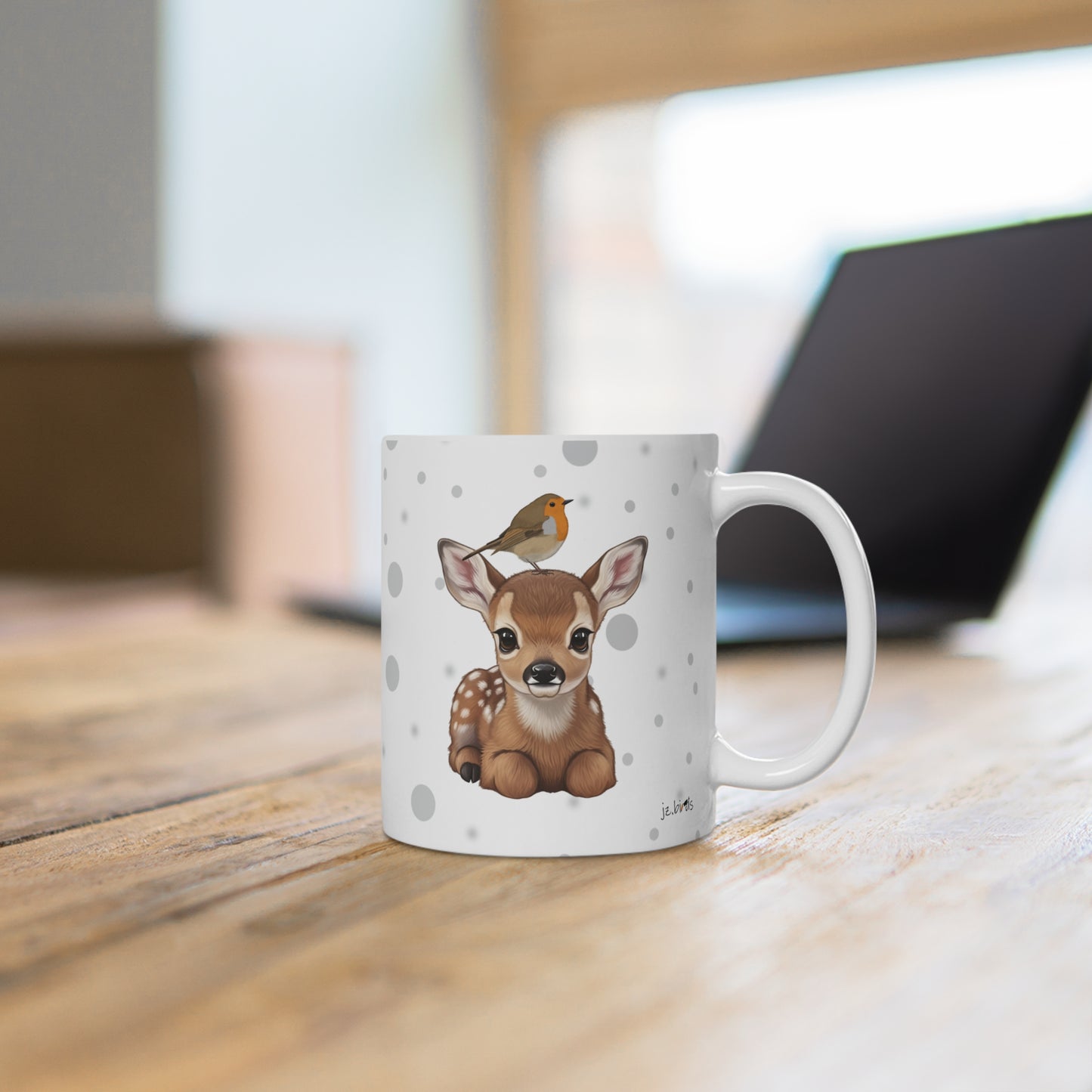Rehkitz Tasse mit Rotkehlchen Tiermotiv Punkte Grau