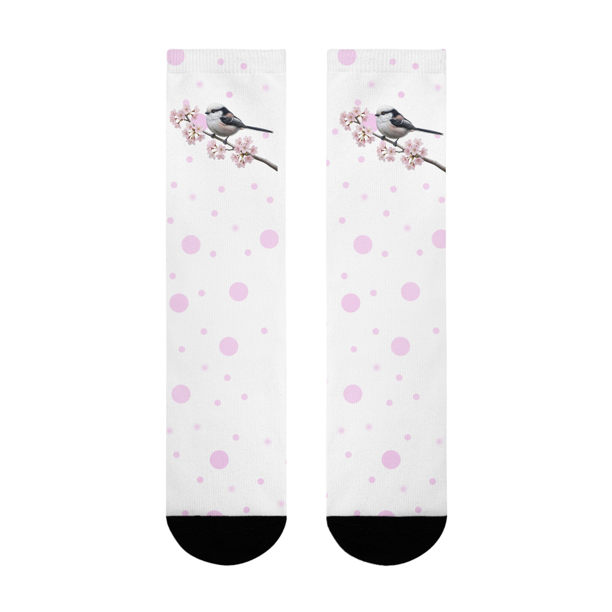 Schwanzmeise Socken mit Kirschblüten | Weiß Rosa gepunktete Vogelmotiv Strümpfe – Accessories,